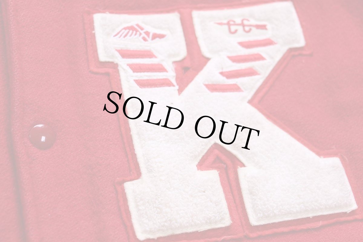 画像4: 90s USA製 DeLONGデロング USATF レタードパッチ付き メルトン ウール 袖革スタジャン 赤×クリーム XL (4)