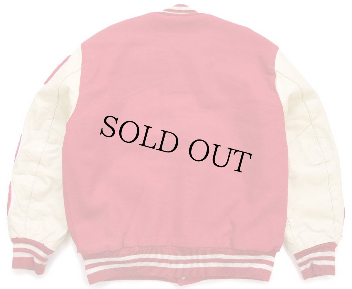 画像2: 90s USA製 DeLONGデロング USATF レタードパッチ付き メルトン ウール 袖革スタジャン 赤×クリーム XL (2)