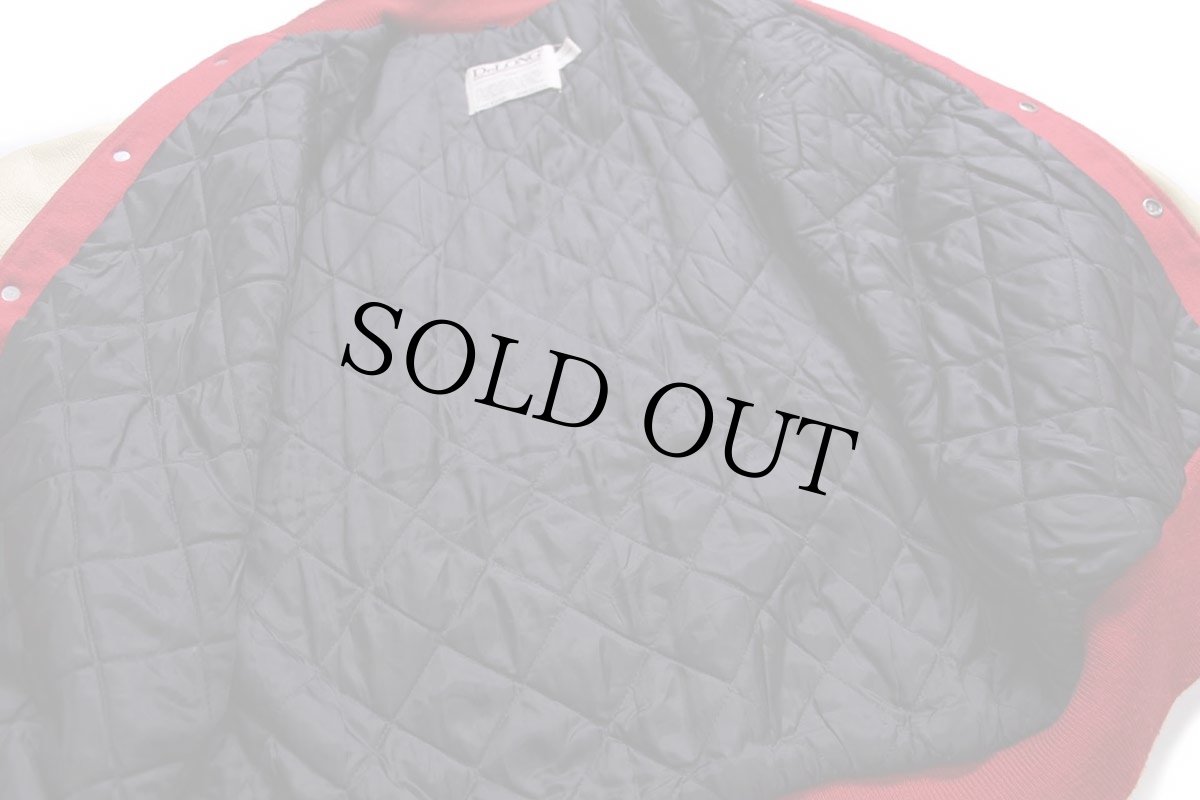 画像6: 90s USA製 DeLONGデロング USATF レタードパッチ付き メルトン ウール 袖革スタジャン 赤×クリーム XL (6)