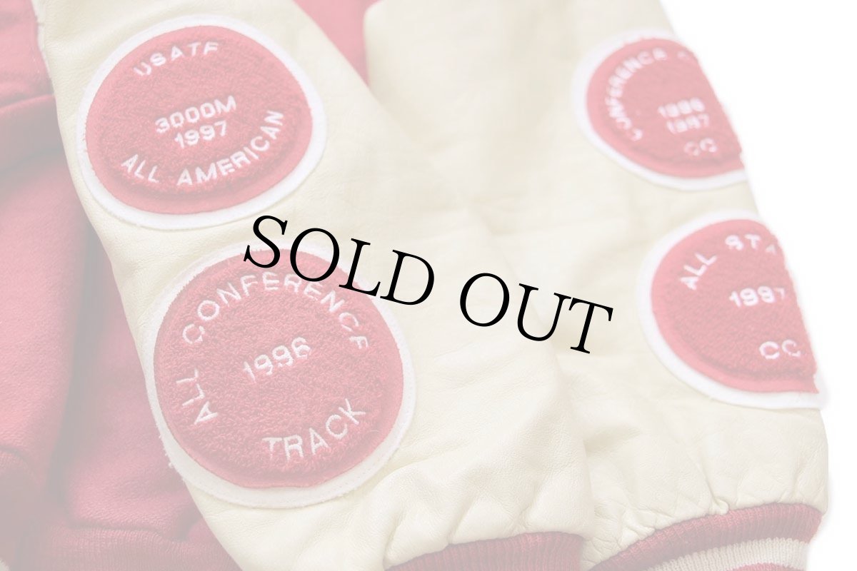 画像7: 90s USA製 DeLONGデロング USATF レタードパッチ付き メルトン ウール 袖革スタジャン 赤×クリーム XL (7)