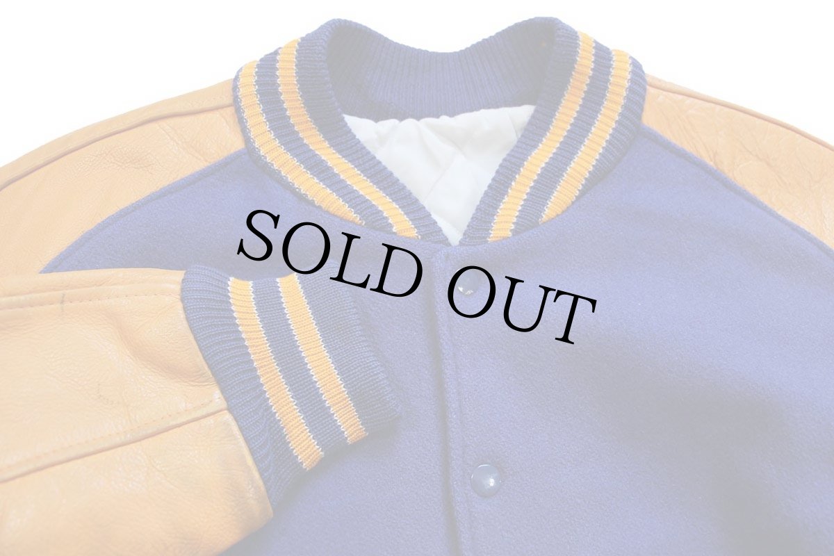 画像3: 70s LASLEY KNITTING キルティングライナー メルトン ウール 袖革スタジャン 青×山吹 44 (3)