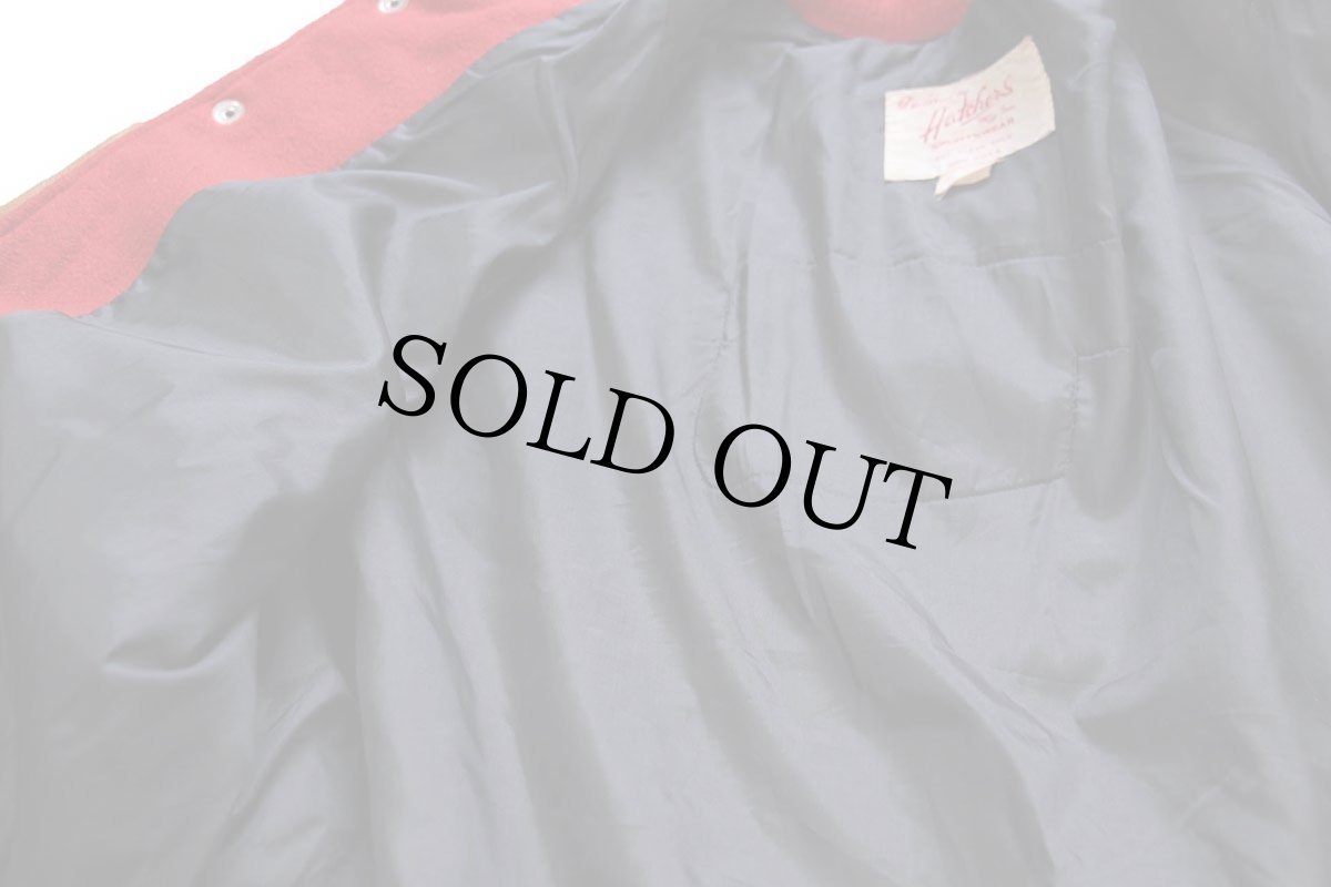 画像5: 70s USA製 Hatchers レタードパッチ付き メルトン ウール 袖革スタジャン 赤×茶 XXL★特大 (5)