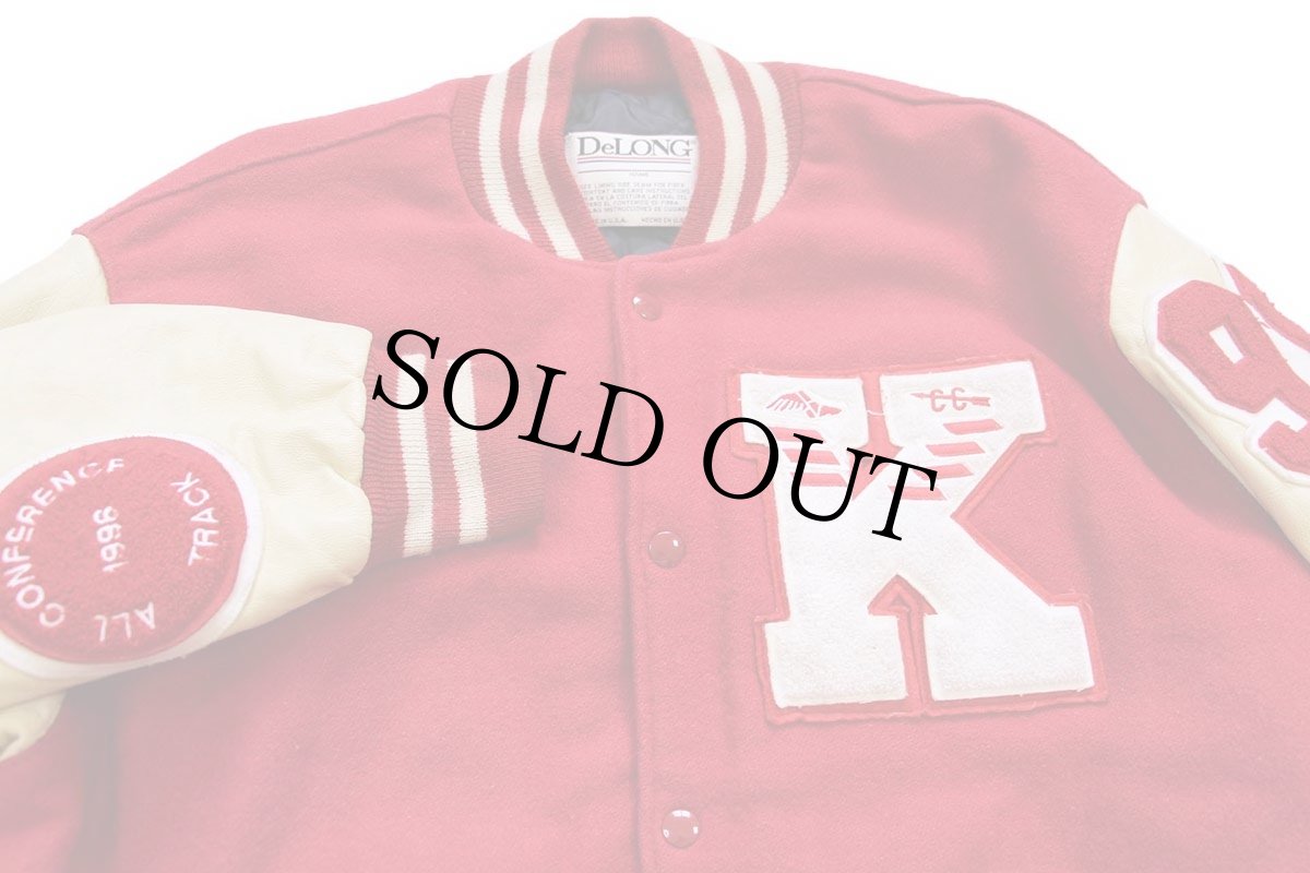 画像3: 90s USA製 DeLONGデロング USATF レタードパッチ付き メルトン ウール 袖革スタジャン 赤×クリーム XL (3)