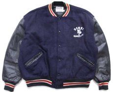 画像1: 90s DeLONGデロング USMMA KP VARSITY CLUB 刺繍 キルティングライナー メルトン ウール 袖革スタジャン 紺 2XL★特大 (1)