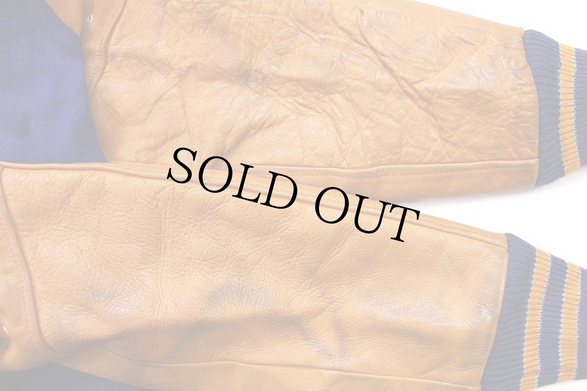 画像7: 70s LASLEY KNITTING キルティングライナー メルトン ウール 袖革スタジャン 青×山吹 44 (7)