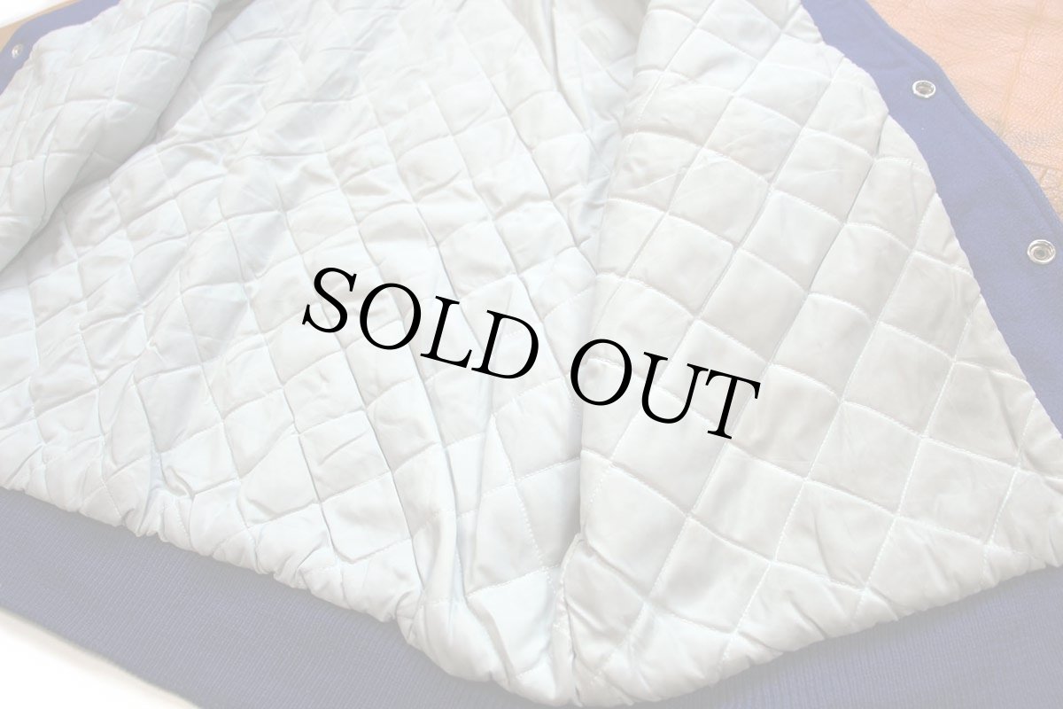 画像9: 70s LASLEY KNITTING キルティングライナー メルトン ウール 袖革スタジャン 青×山吹 44 (9)