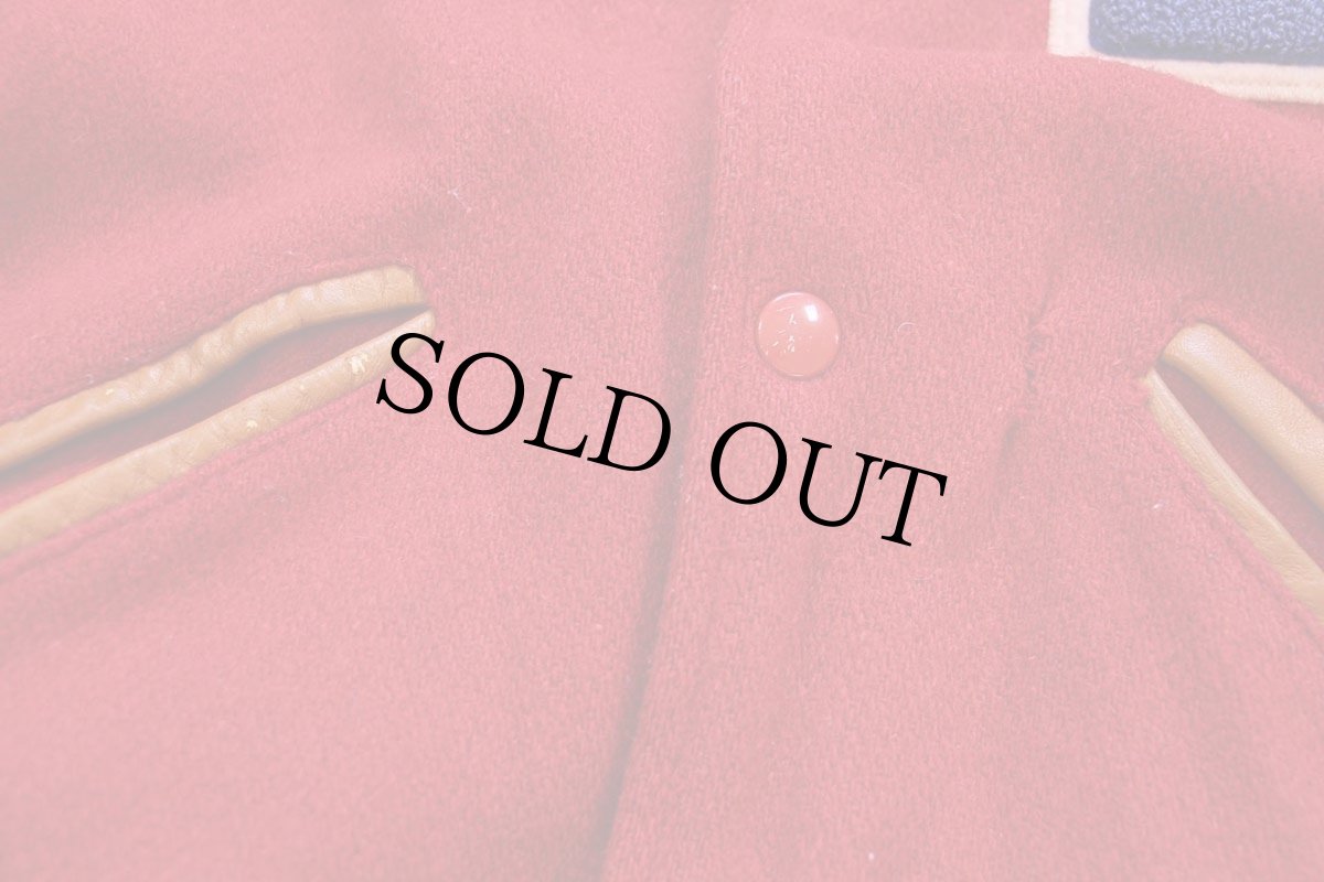 画像6: 70s USA製 Hatchers レタードパッチ付き メルトン ウール 袖革スタジャン 赤×茶 XXL★特大 (6)