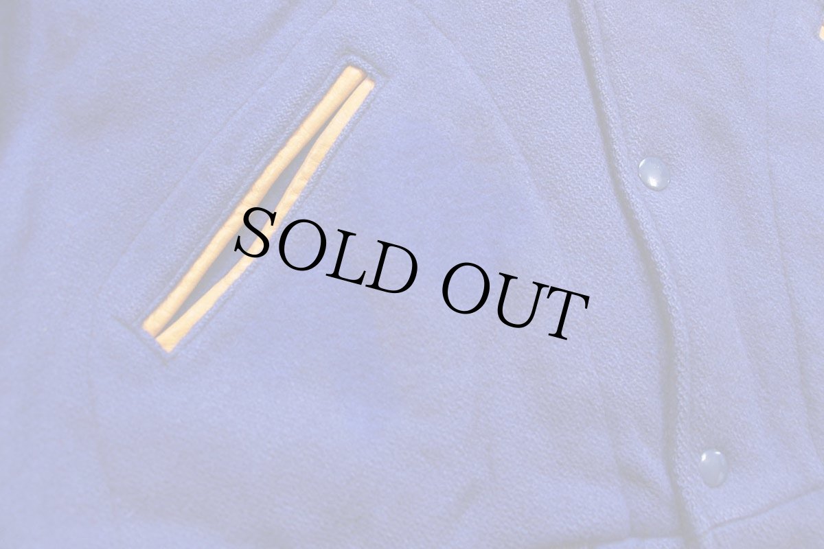 画像6: 70s LASLEY KNITTING キルティングライナー メルトン ウール 袖革スタジャン 青×山吹 44 (6)