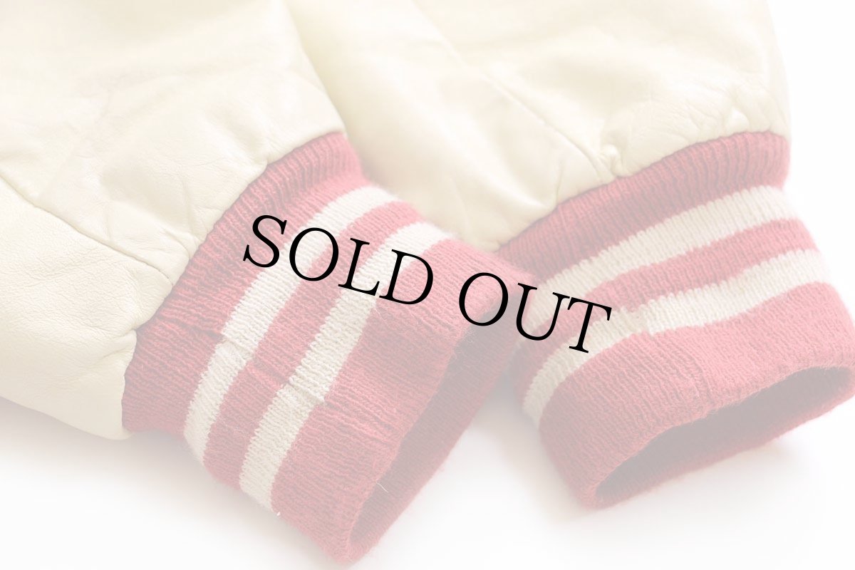 画像8: 90s USA製 DeLONGデロング USATF レタードパッチ付き メルトン ウール 袖革スタジャン 赤×クリーム XL (8)