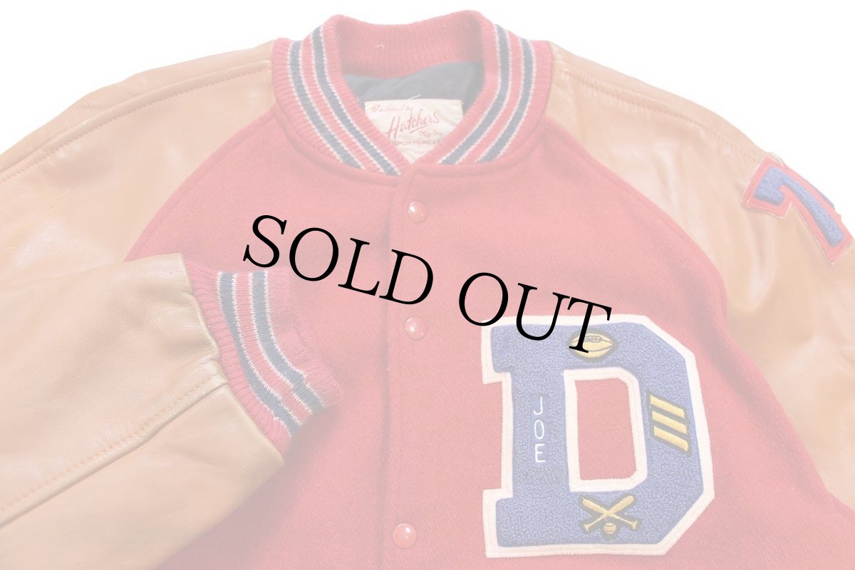 画像3: 70s USA製 Hatchers レタードパッチ付き メルトン ウール 袖革スタジャン 赤×茶 XXL★特大 (3)