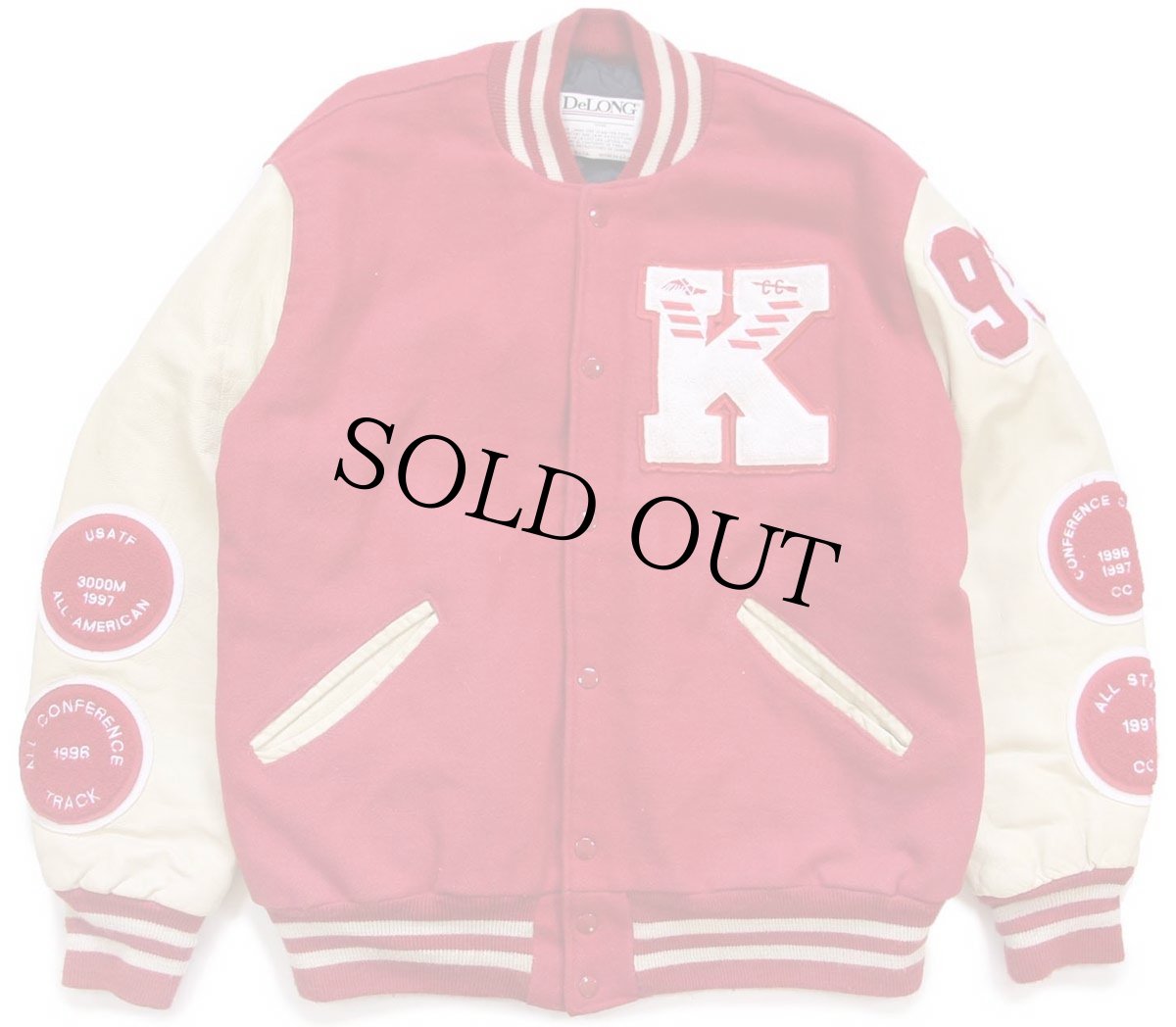 画像1: 90s USA製 DeLONGデロング USATF レタードパッチ付き メルトン ウール 袖革スタジャン 赤×クリーム XL (1)