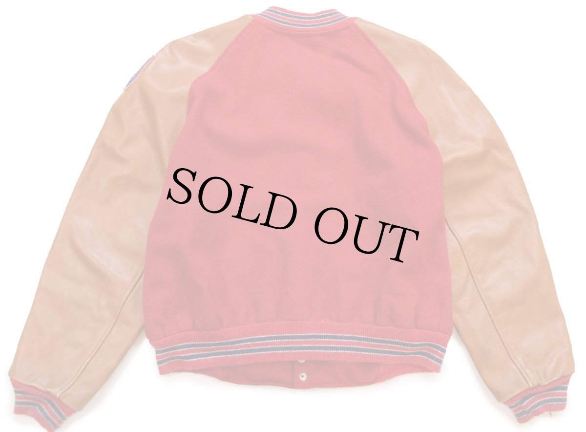 画像2: 70s USA製 Hatchers レタードパッチ付き メルトン ウール 袖革スタジャン 赤×茶 XXL★特大 (2)