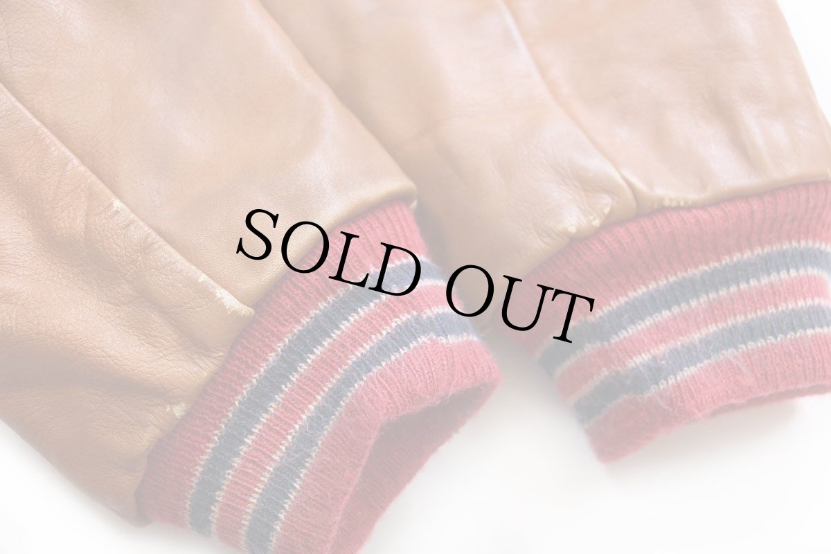 画像8: 70s USA製 Hatchers レタードパッチ付き メルトン ウール 袖革スタジャン 赤×茶 XXL★特大 (8)