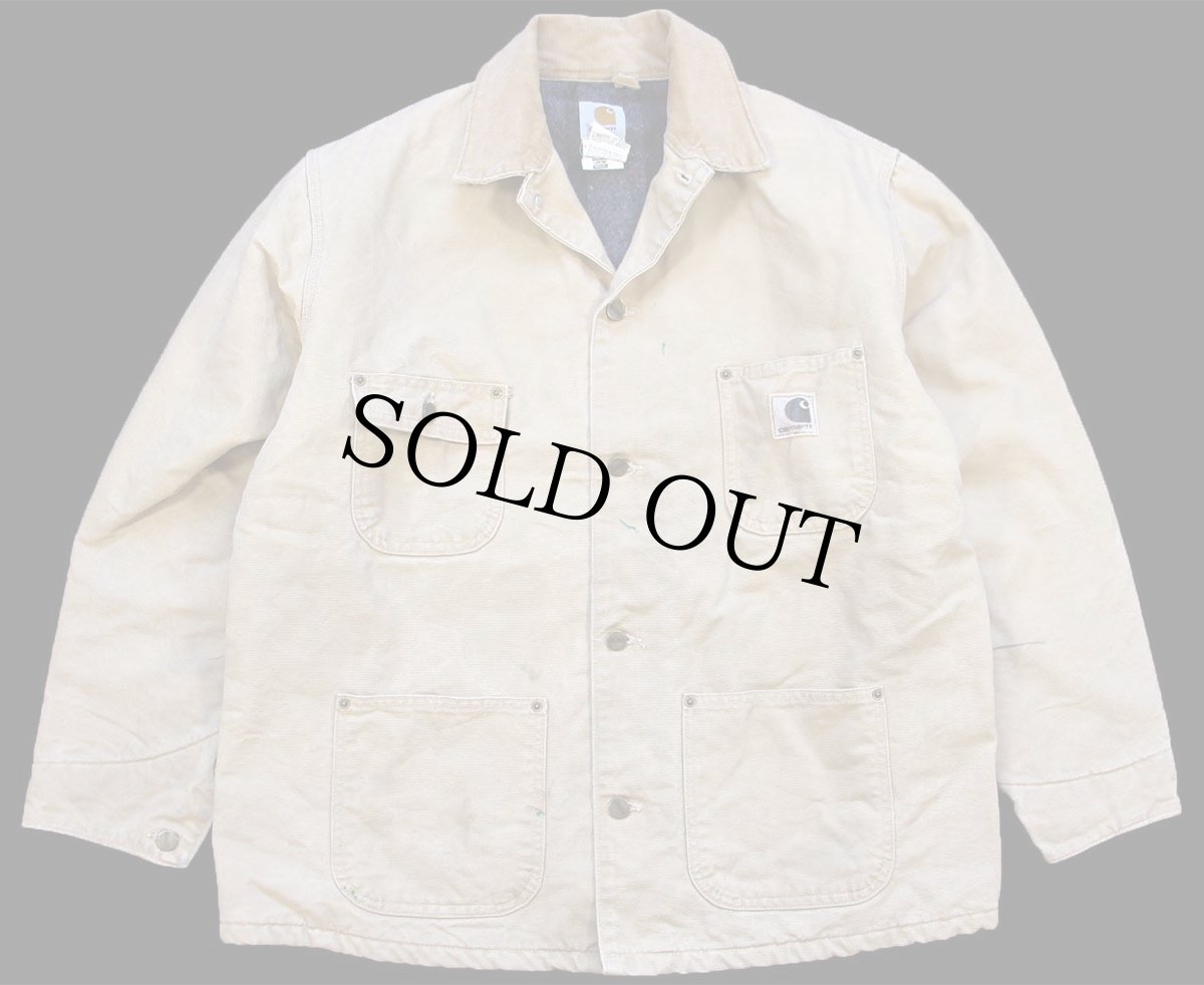 画像1: 90s USA製 carharttカーハート ブランケットライナー ダック地 チョアコート カバーオール 薄茶 R-L (1)