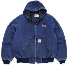 画像1: 90s USA製 carharttカーハート 刺繍入り キルティングライナー ダック地 アクティブジャケット パーカー 紺 フェード XL (1)