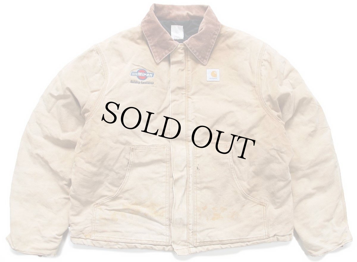 画像1: 00s USA製 carharttカーハート Miron ロゴ刺繍 キルティングライナー ダック地 トラディショナルジャケット 茶 フェード 52T (1)