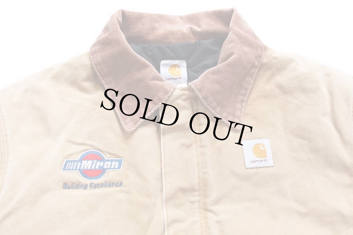 画像3: 00s USA製 carharttカーハート Miron ロゴ刺繍 キルティングライナー ダック地 トラディショナルジャケット 茶 フェード 52T (3)