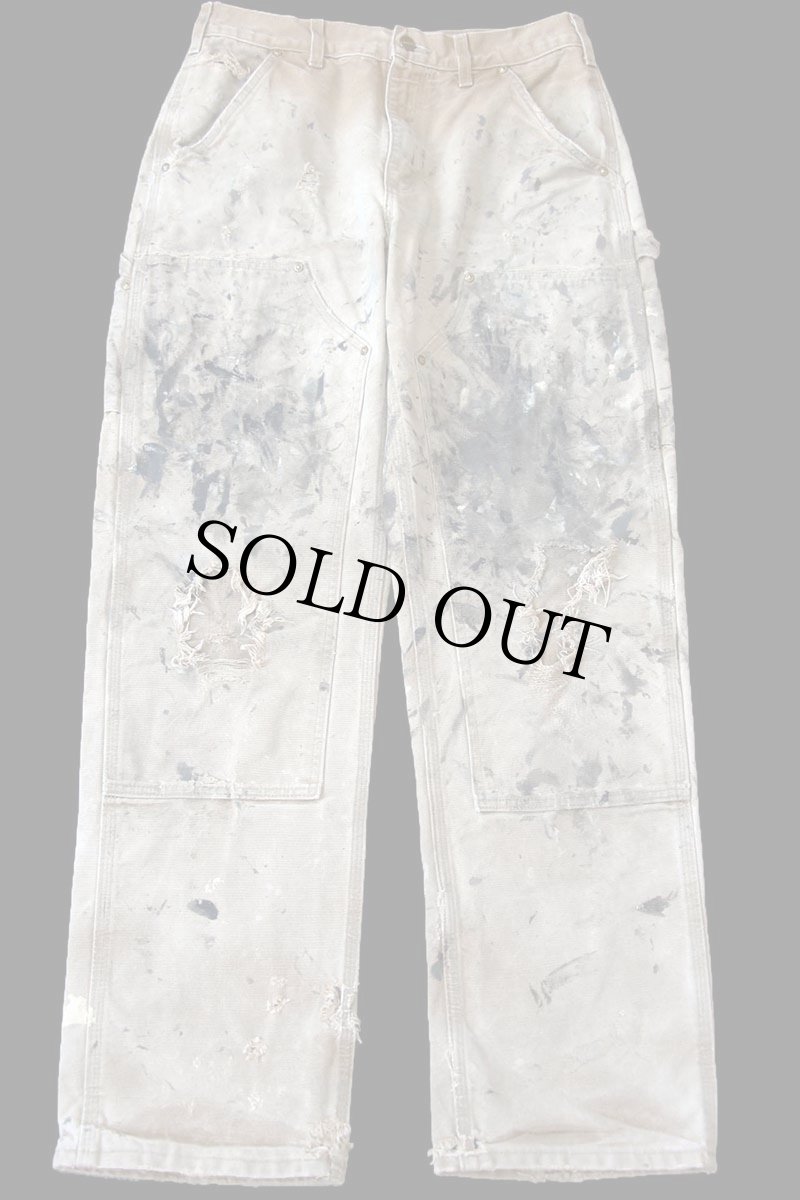 画像2: USA製 carharttカーハート ペンキ飛び ダブルニー ダック地 ペインターパンツ ボロ 茶 フェード W31 L32 (2)