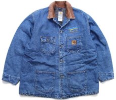 画像1: 00s USA製 carharttカーハート ANDRITZ 刺繍 ブランケットライナー デニム チョアコート カバーオール XL (1)