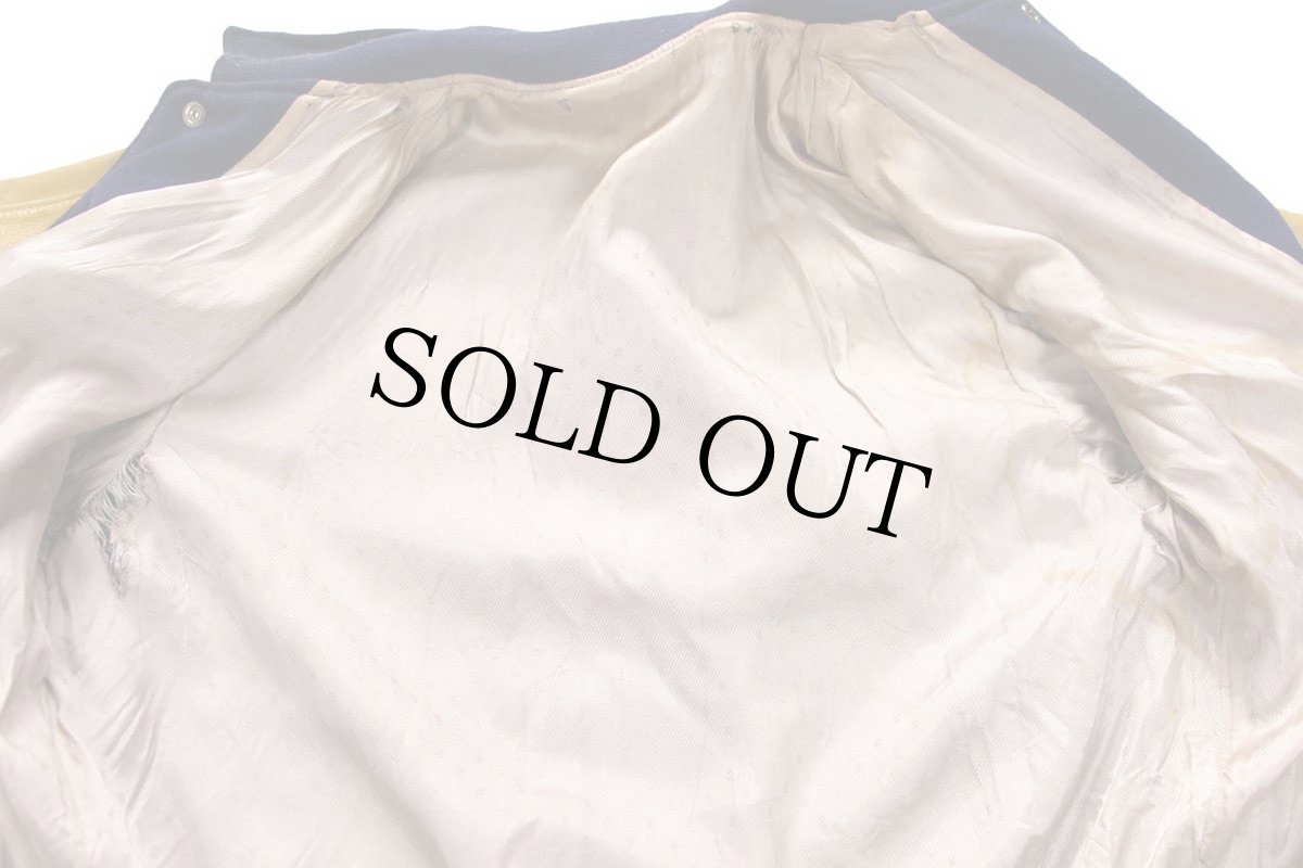 画像5: 60s KAYE BROS レタードパッチ付き メルトン ウール 袖革スタジャン 紺×山吹 40 (5)