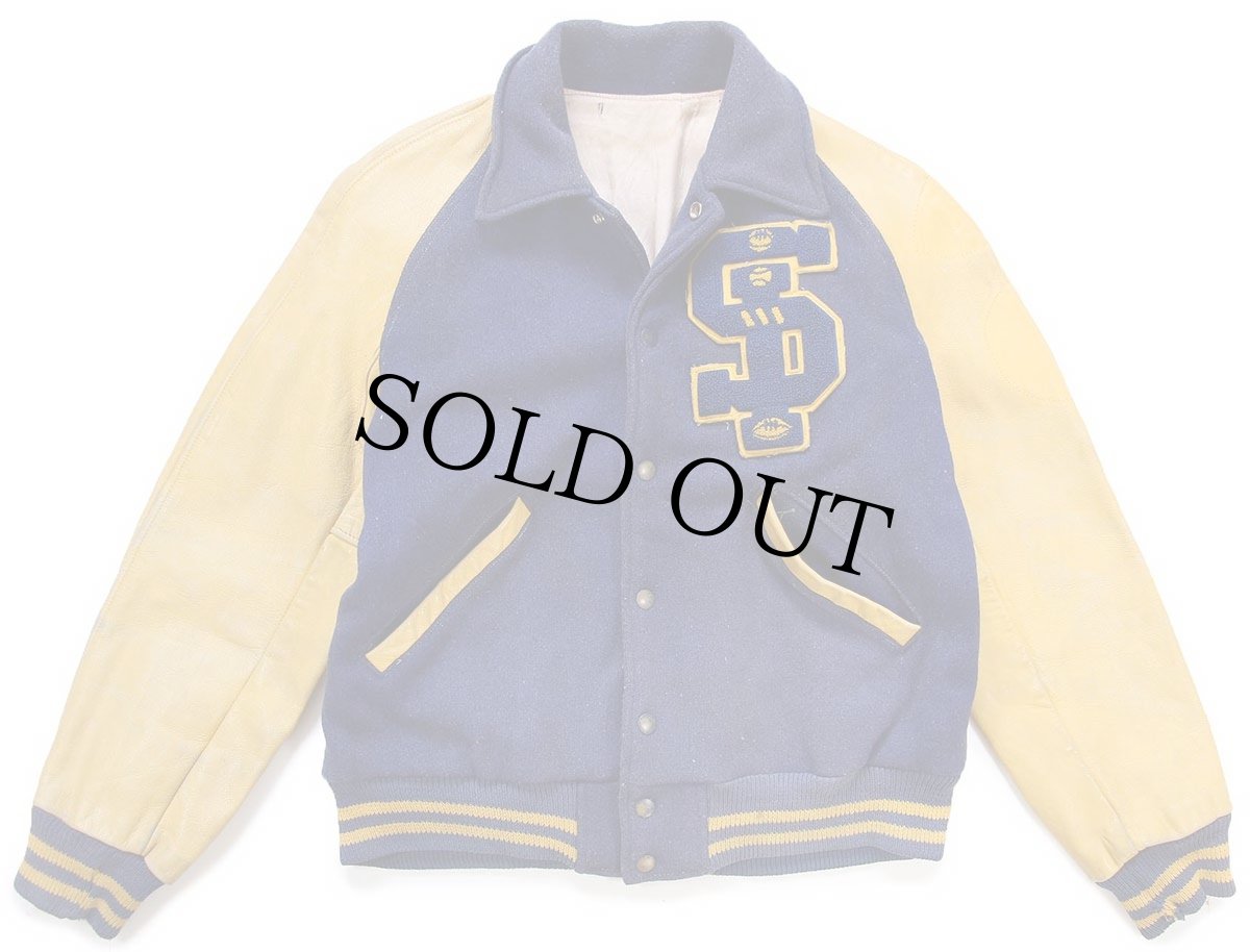 画像1: 60s KAYE BROS レタードパッチ付き メルトン ウール 袖革スタジャン 紺×山吹 40 (1)