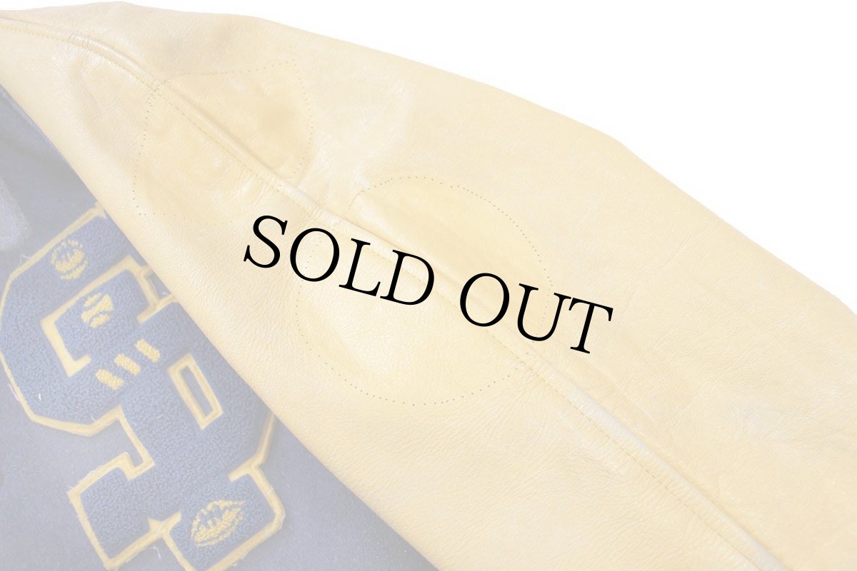 画像7: 60s KAYE BROS レタードパッチ付き メルトン ウール 袖革スタジャン 紺×山吹 40 (7)