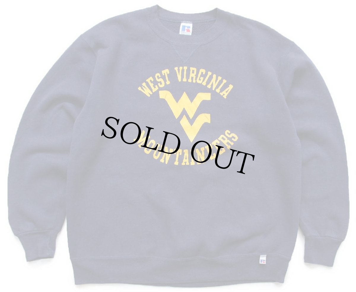 画像1: 90s USA製 RUSSELLラッセル WEST VIRGINIA MOUNTAINEERS ペンキ飛び 前V スウェット 紺 L (1)