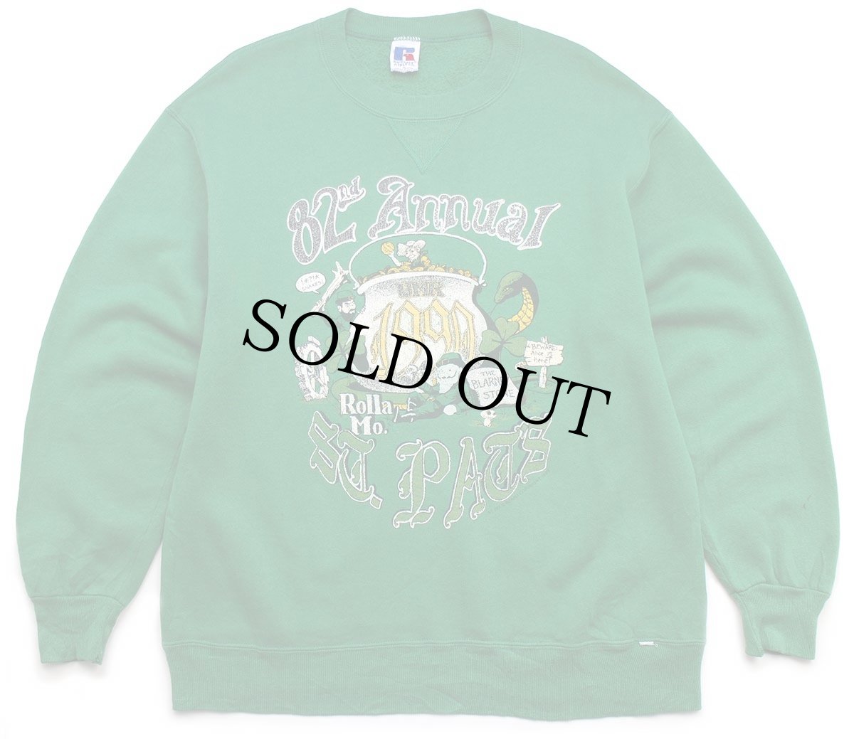 画像1: 90s USA製 RUSSELLラッセル 82nd Annual ST.PAT'S UMR 1990 ひび割れプリント 前V スウェット 緑 L (1)