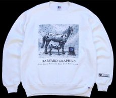 画像1: 90s USA製 RUSSELLラッセル HARVARD GRAPHICS アート 前V スウェット 白 L (1)
