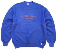 画像1: 90s USA製 RUSSELLラッセル CAMELBACK SPARTANS 刺繍 前V スウェット 青 XL (1)