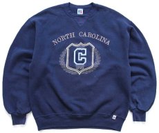 画像1: 90s USA製 RUSSELLラッセル NORTH CAROLINA レタードパッチ&刺繍&ひび割れプリント 前V スウェット 紺 L (1)