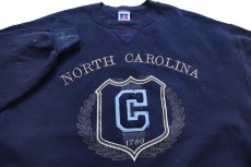 画像3: 90s USA製 RUSSELLラッセル NORTH CAROLINA レタードパッチ&刺繍&ひび割れプリント 前V スウェット 紺 L (3)