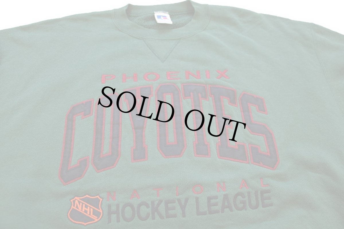画像3: 90s USA製 RUSSELLラッセル NHL PHOENIX COYOTES パッチ&刺繍 前V スウェット 緑 XL (3)