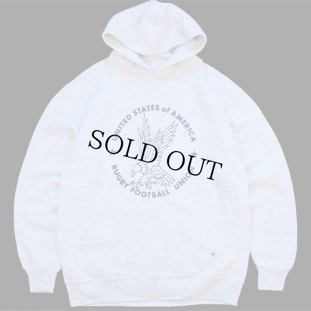 画像1: 90s USA製 RUSSELLラッセル RUGBY FOOTBALL UNION スウェットパーカー 杢ライトグレー L★フーディー (1)