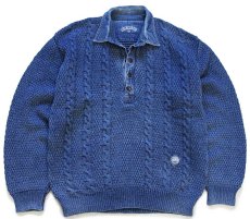 画像1: 90s デンマーク製 BLUE WILLI'S デニム切り替え 襟付き ケーブル編み コットンニット セーター インディゴ M (1)