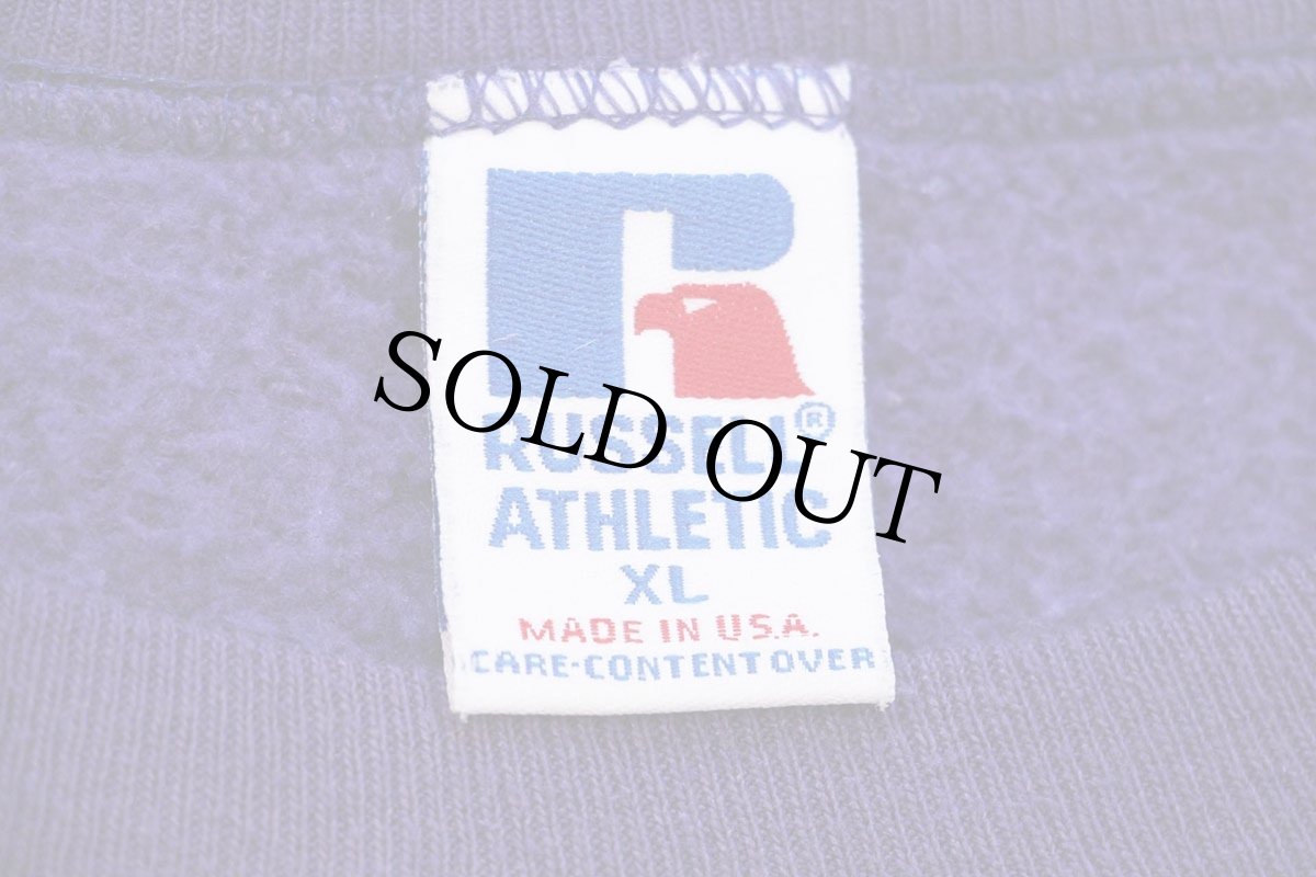 画像4: 90s USA製 RUSSELLラッセル Harrisburg BULLDOGS ブルドッグ ひび割れ&フェルトプリント 前V スウェット 紫 XL (4)