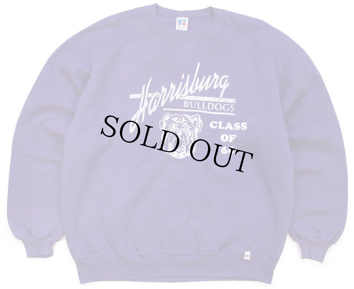 画像1: 90s USA製 RUSSELLラッセル Harrisburg BULLDOGS ブルドッグ ひび割れ&フェルトプリント 前V スウェット 紫 XL (1)