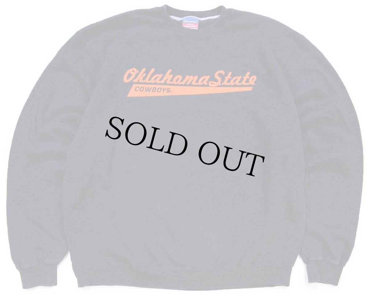 画像1: 00s メキシコ製 Championチャンピオン Oklahoma State COWBOYS フェルトパッチ付き 前V スウェット 黒 XL (1)