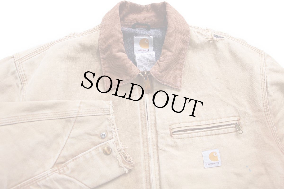 画像3: 00s USA製 carharttカーハート ブランケットライナー ダック地 デトロイトジャケット ボロ 茶 フェード 44R (3)