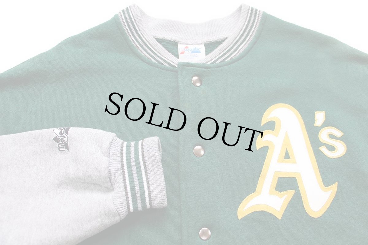 画像3: 90s USA製 Majestic MLB Oakland Athletics パッチ付き ツートン 切り替え スウェット スタジャン 緑×杢グレー XL★ジャケット (3)