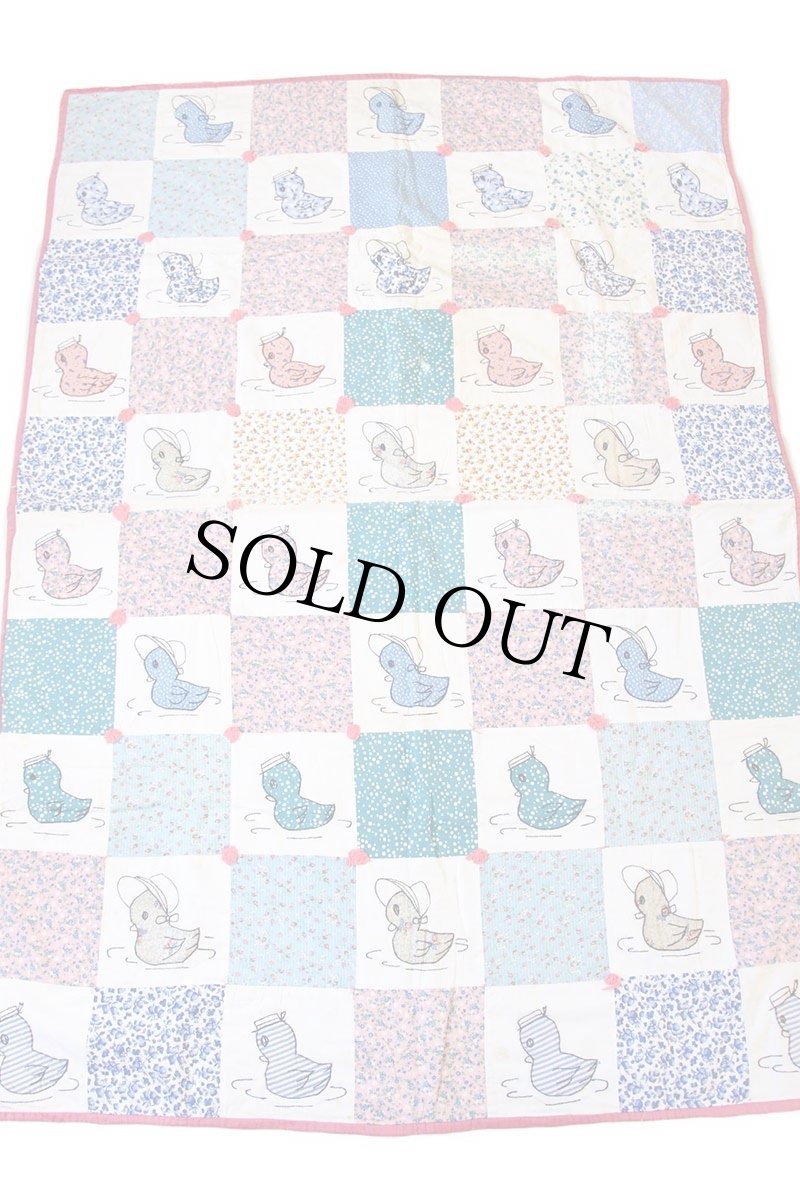 画像2: ビンテージ ハンドメイド 小花柄×小鳥×ランダムドット柄 パッチワーク キルトラグ (2)