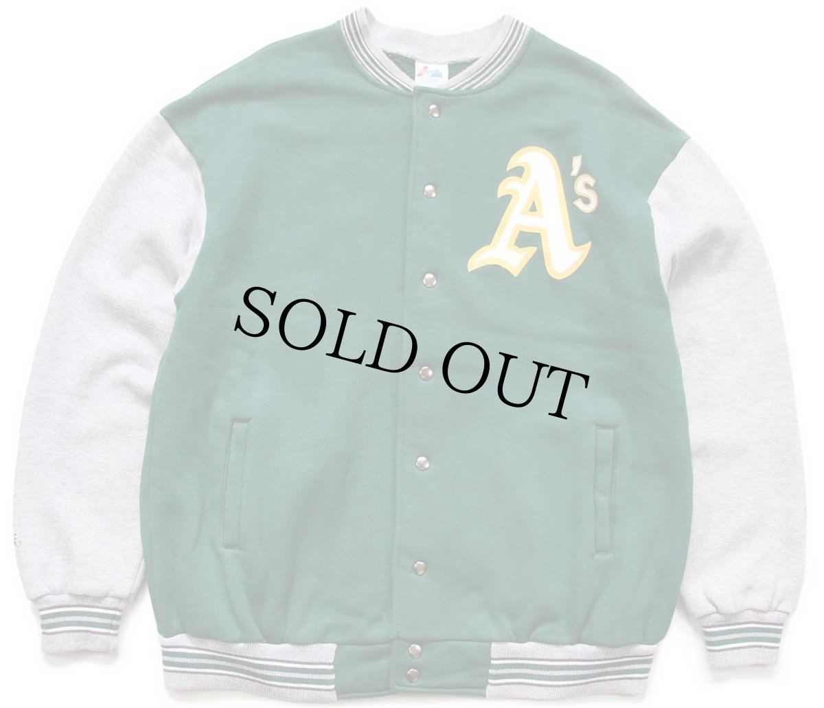 画像1: 90s USA製 Majestic MLB Oakland Athletics パッチ付き ツートン 切り替え スウェット スタジャン 緑×杢グレー XL★ジャケット (1)