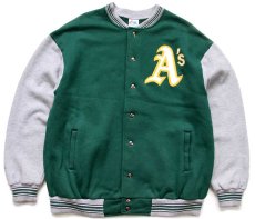 画像1: 90s USA製 Majestic MLB Oakland Athletics パッチ付き ツートン 切り替え スウェット スタジャン 緑×杢グレー XL★ジャケット (1)