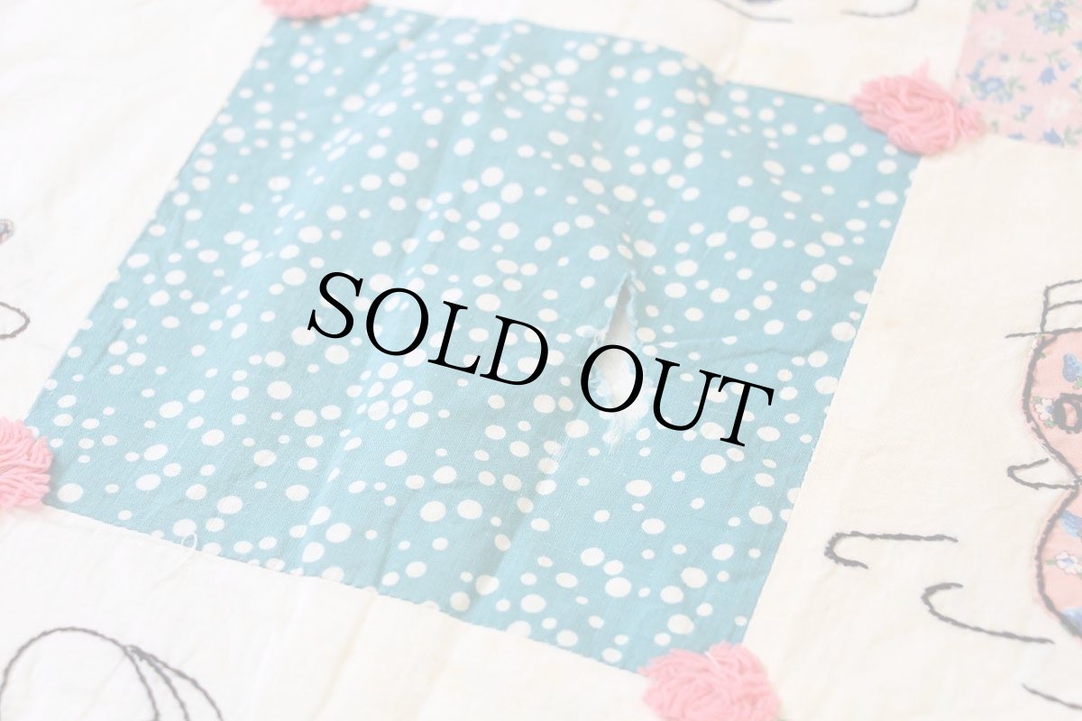 画像8: ビンテージ ハンドメイド 小花柄×小鳥×ランダムドット柄 パッチワーク キルトラグ (8)