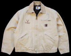 画像1: 90s USA製 carharttカーハート ivomec刺繍 ブランケットライナー ダック地 デトロイトジャケット 薄茶 L-R (1)