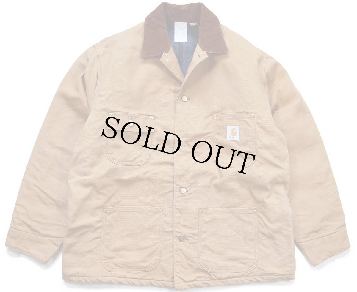 画像1: 90s USA製 carharttカーハート ブランケットライナー ダック地 チョアコート カバーオール 茶 46★特大 (1)