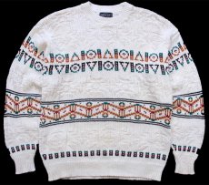 画像1: 90s USA製 LANDS'ENDランズエンド フォークロア 編み柄 コットンニット セーター M (1)