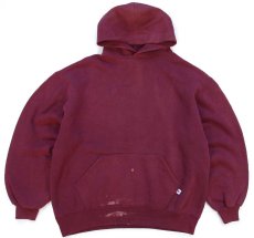 画像1: 90s USA製 RUSSELLラッセル 無地 ブリーチ スウェットパーカー ワインレッド フェード L★フーディー ブランク (1)