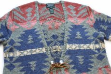 画像3: 00s LAUREN ラルフローレン ネイティブ柄 コンチョボタン リネン×コットン ハンドニット カーディガン XL (3)