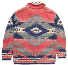 画像2: 00s LAUREN ラルフローレン ネイティブ柄 ショールカラー コンチョボタン コットン ハンドニット カーディガン (2)